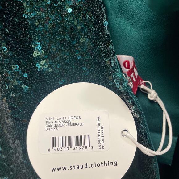 NWT Staud Mini Ilana Dress Emerald Green Sequin Embellished Womens XS - Picture 7 of 8